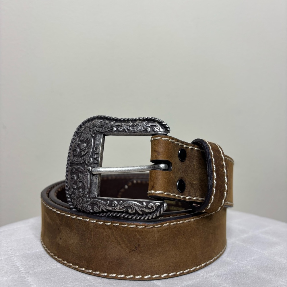 ARIAT WOMENS CLASSIC BROWN SILVER LEATHER BELT SIZE LARGE